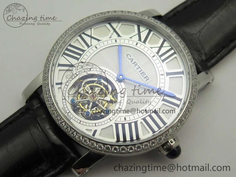 Rotonde Flying Tourbillon SS BLF Best Edition White Dial Diamonds Bezel on Black Leather Strap V2