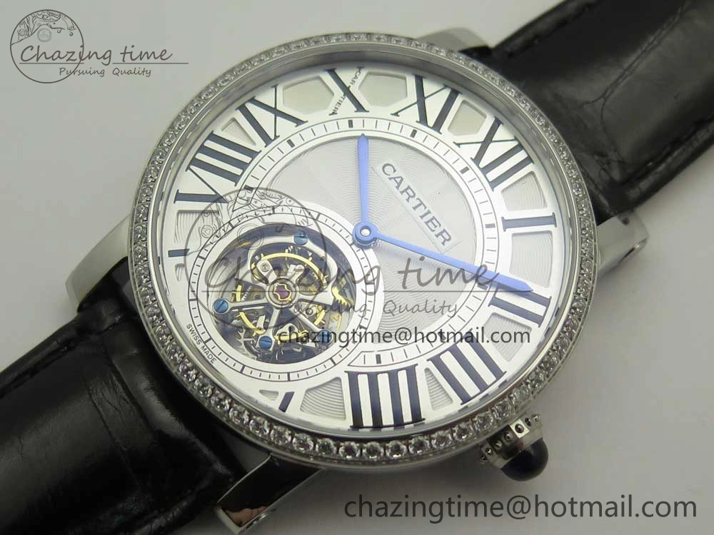 Rotonde Flying Tourbillon SS BLF Best Edition White Dial Diamonds Bezel on Black Leather Strap V2