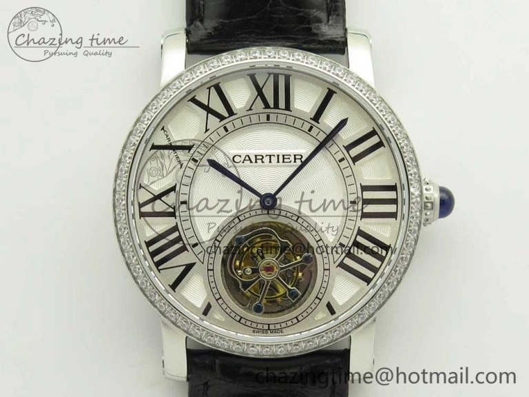 Rotonde Flying Tourbillon SS BLF Best Edition White Dial Diamonds Bezel on Black Leather Strap V2