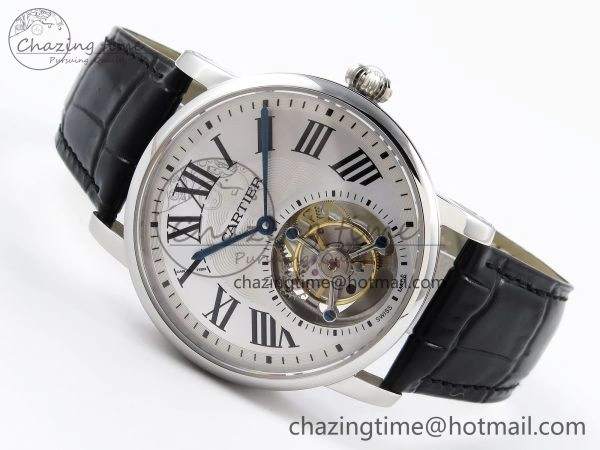 Rotonde de Cartier Flying Tourbillon SS RMS Best Edition Silver Dial on Black Leather Strap