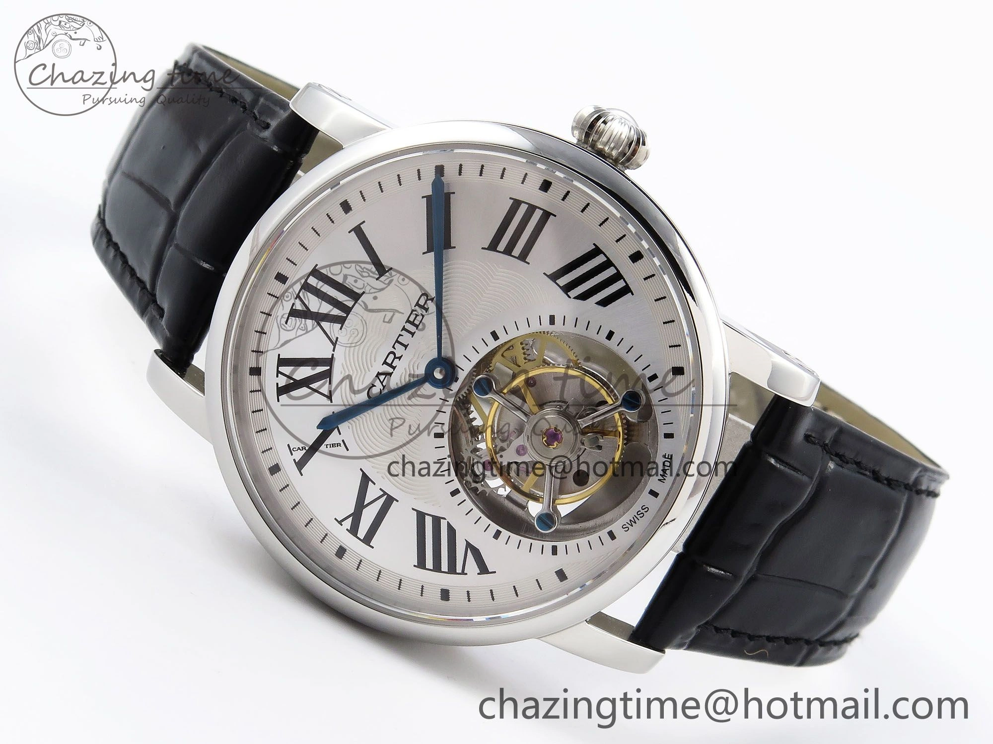 Rotonde de Cartier Flying Tourbillon SS RMS Best Edition Silver Dial on Black Leather Strap