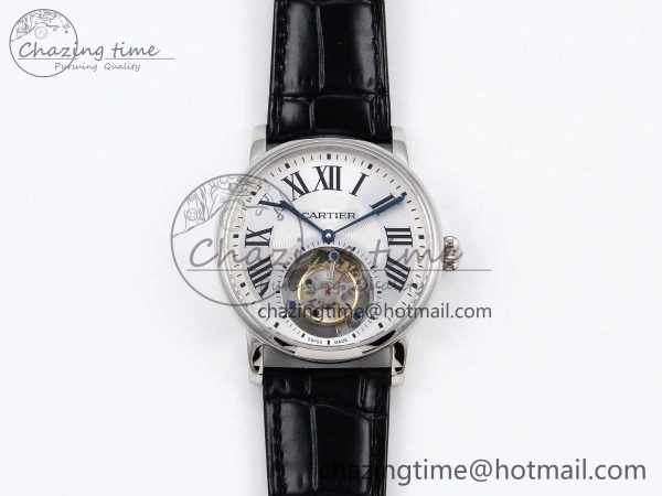 Rotonde de Cartier Flying Tourbillon SS RMS Best Edition Silver Dial on Black Leather Strap