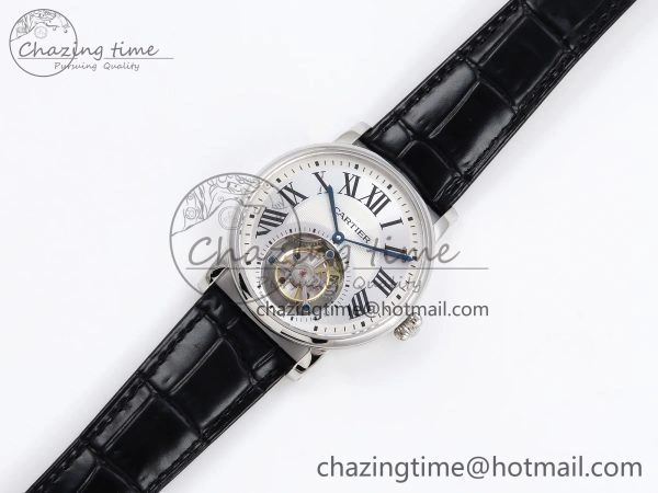 Rotonde de Cartier Flying Tourbillon SS RMS Best Edition Silver Dial on Black Leather Strap