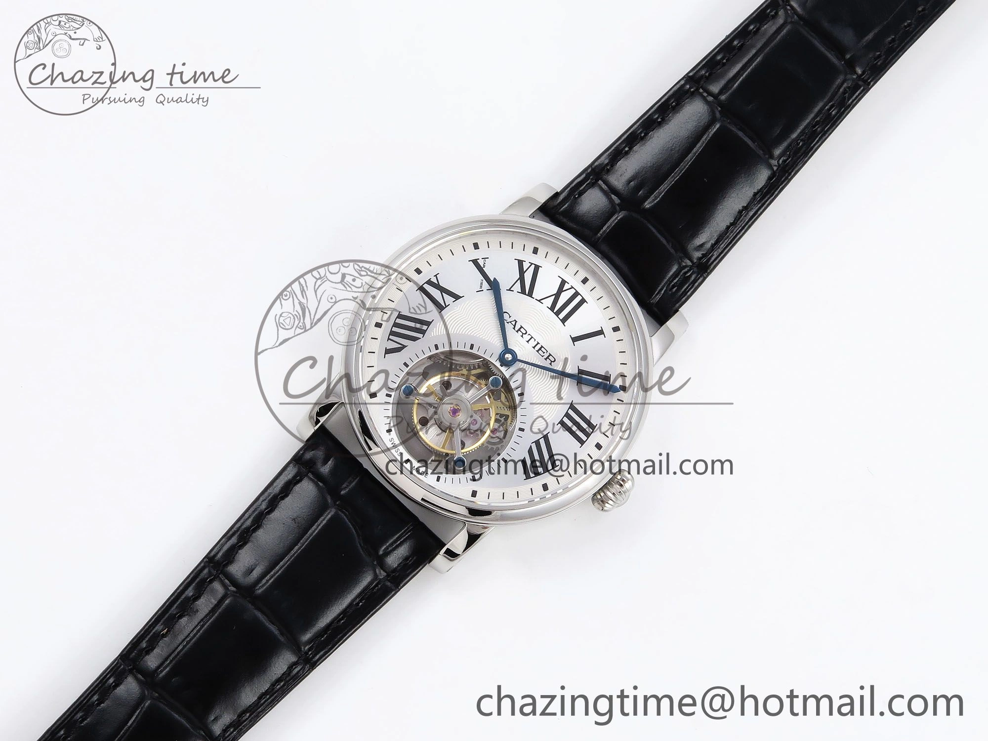 Rotonde de Cartier Flying Tourbillon SS RMS Best Edition Silver Dial on Black Leather Strap