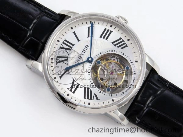 Rotonde de Cartier Flying Tourbillon SS RMS Best Edition Silver Dial on Black Leather Strap