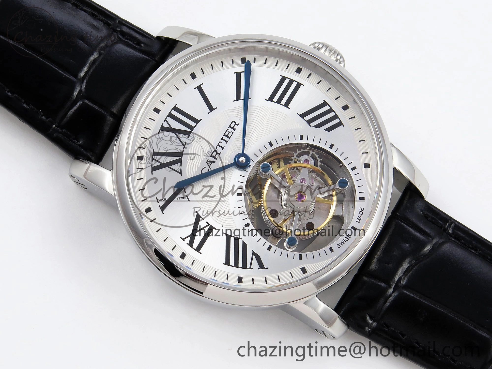 Rotonde de Cartier Flying Tourbillon SS RMS Best Edition Silver Dial on Black Leather Strap
