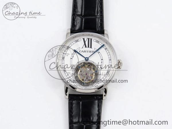 Rotonde de Cartier Flying Tourbillon SS RMS Best Edition White Numeral Dial on Black Leather Strap
