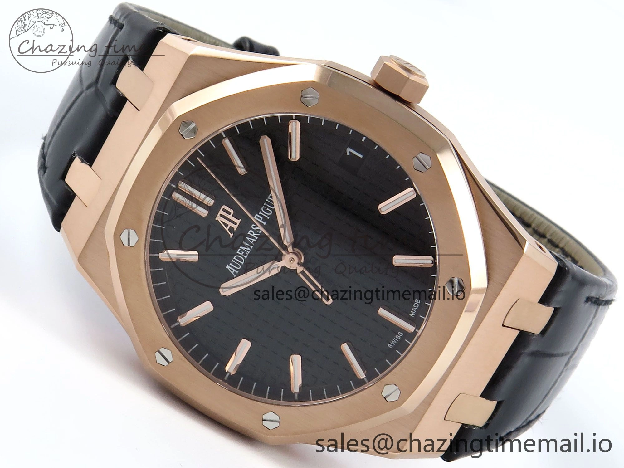 Royal Oak 15500 RG APSF 1:1 Best Edition Black Dial on Black Leather Strap SA4302 Super Clone V2 (SW Dial)