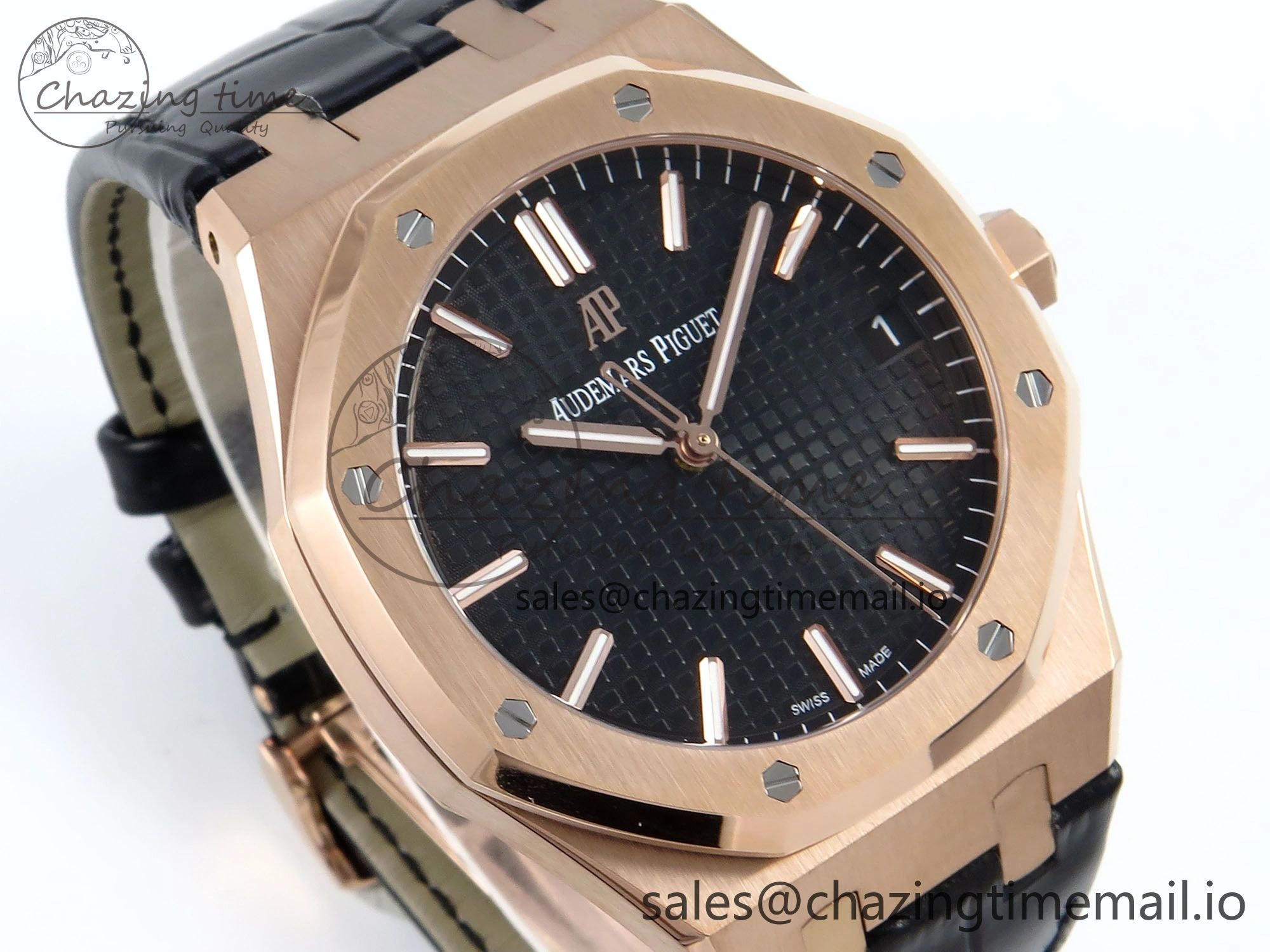 Royal Oak 15500 RG APSF 1:1 Best Edition Black Dial on Black Leather Strap SA4302 Super Clone V2 (SW Dial)