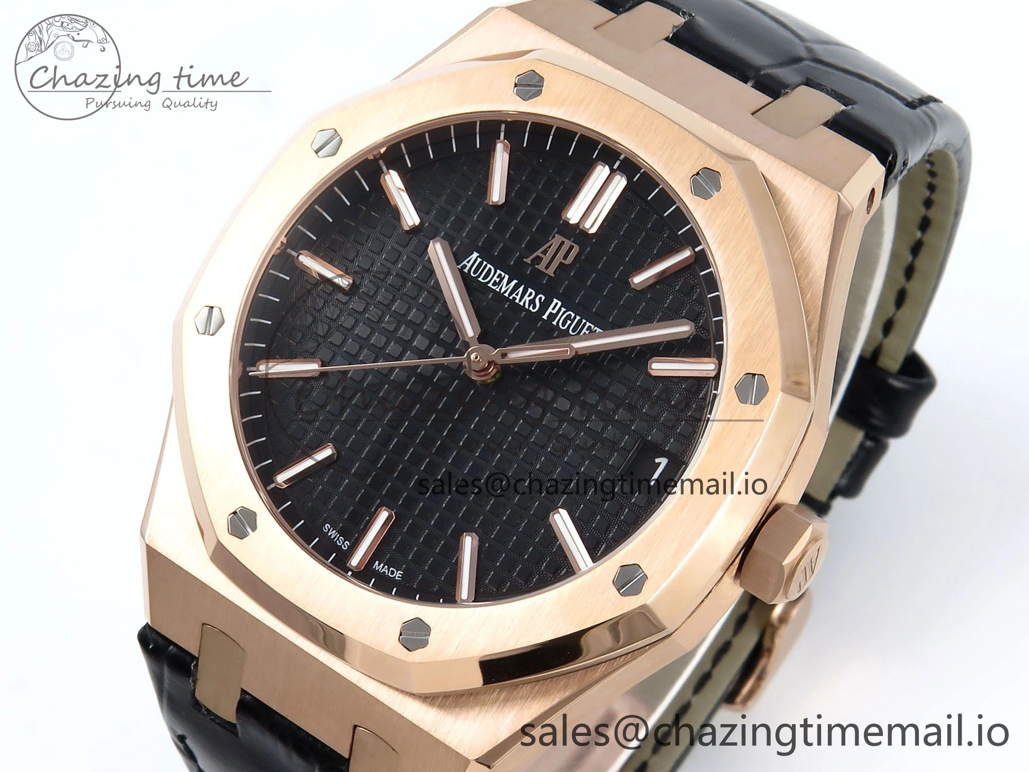 Royal Oak 15500 RG APSF 1:1 Best Edition Black Dial on Black Leather Strap SA4302 Super Clone V2 (SW Dial)