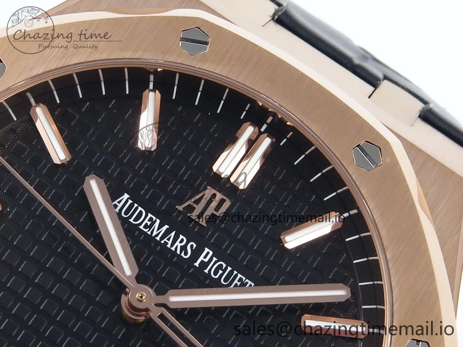 Royal Oak 15500 RG APSF 1:1 Best Edition Black Dial on Black Leather Strap SA4302 Super Clone V2 (SW Dial)