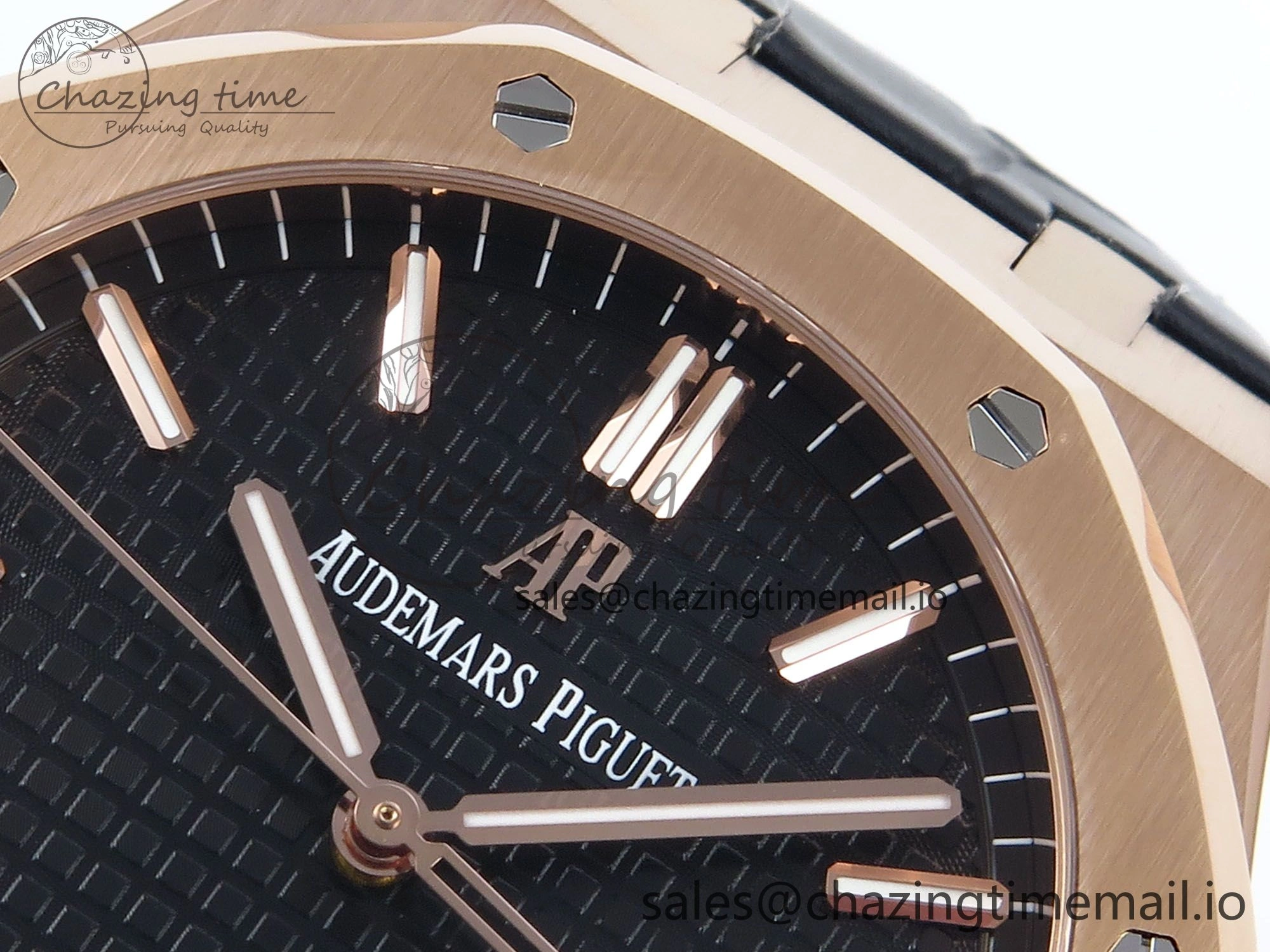 Royal Oak 15500 RG APSF 1:1 Best Edition Black Dial on Black Leather Strap SA4302 Super Clone V2 (SW Dial)