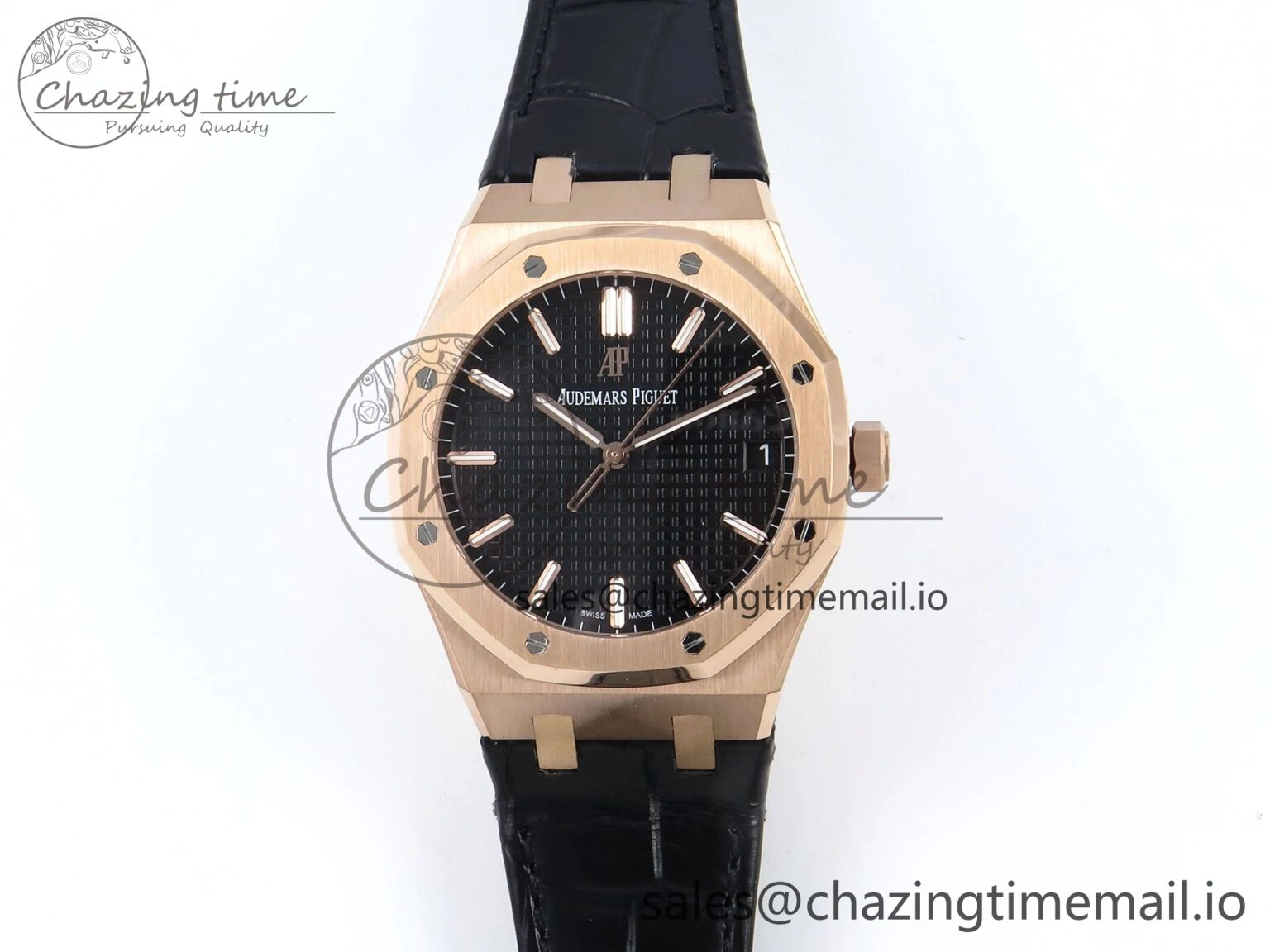 Royal Oak 15500 RG APSF 1:1 Best Edition Black Dial on Black Leather Strap SA4302 Super Clone V2 (SW Dial)