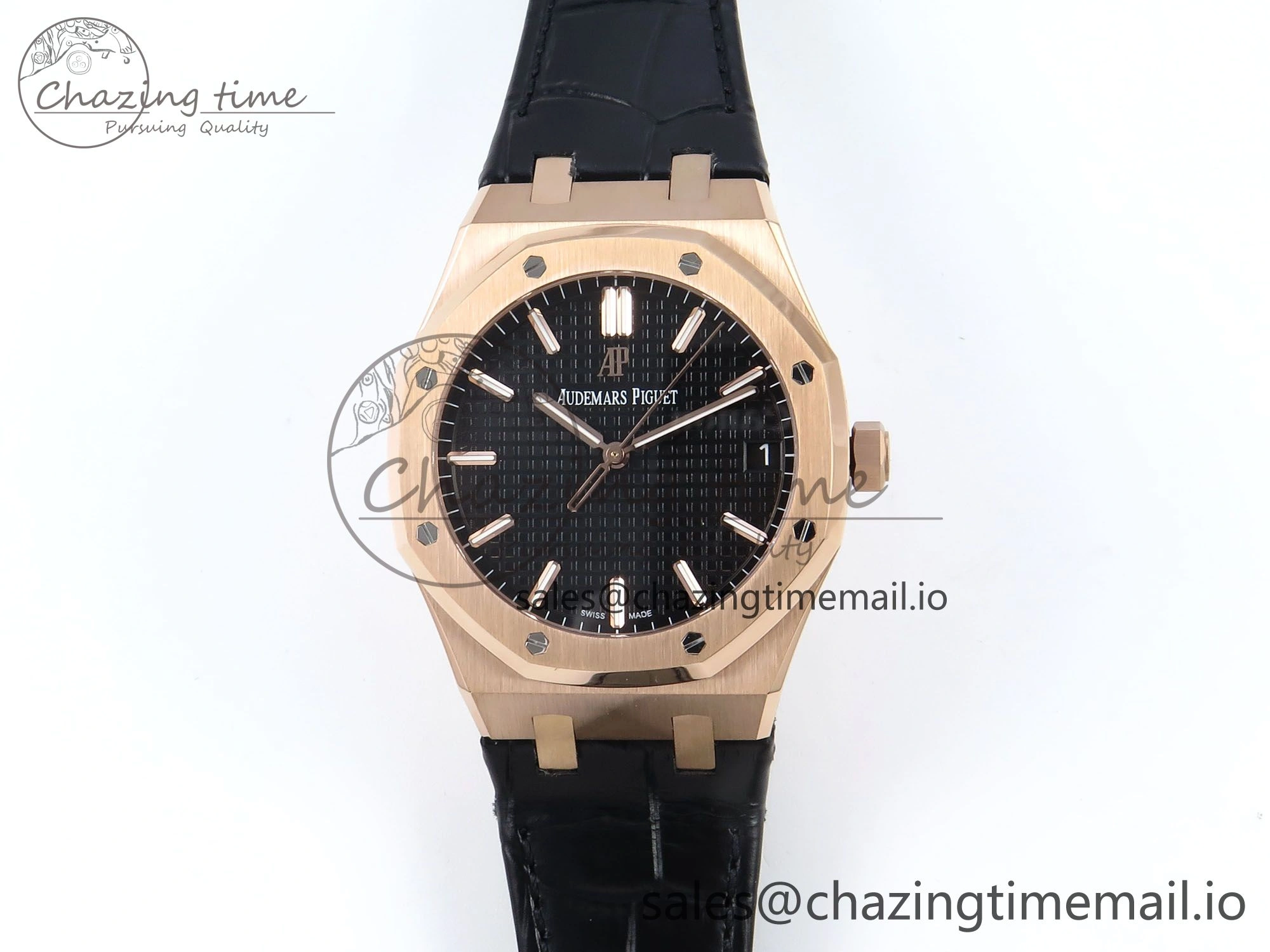 Royal Oak 15500 RG APSF 1:1 Best Edition Black Dial on Black Leather Strap SA4302 Super Clone V2 (SW Dial)