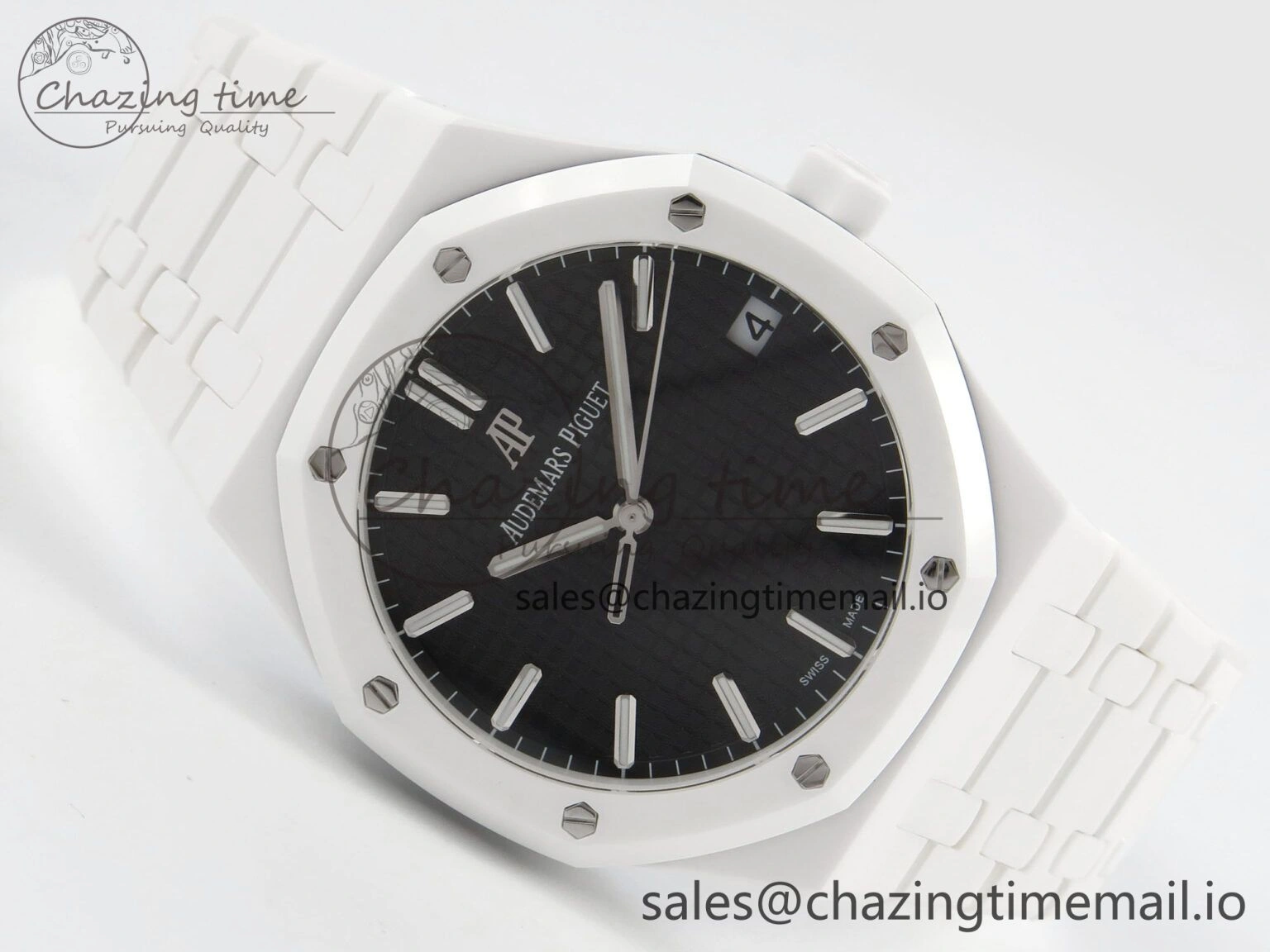 Royal Oak 15500 White Ceramic APSF 1:1 Best Edition Black Dial On White Bracelet SA4302 Super Clone