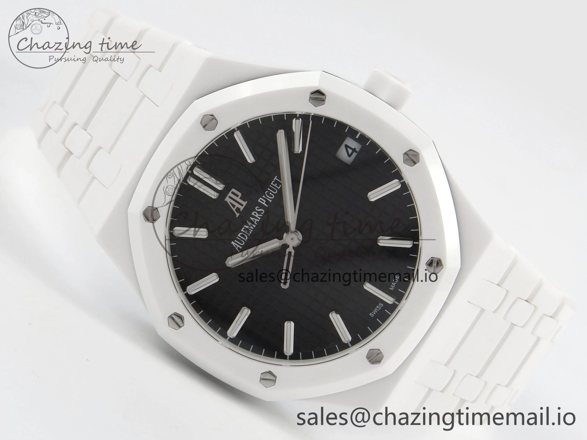 Royal Oak 15500 White Ceramic APSF 1:1 Best Edition Black Dial On White Bracelet SA4302 Super Clone