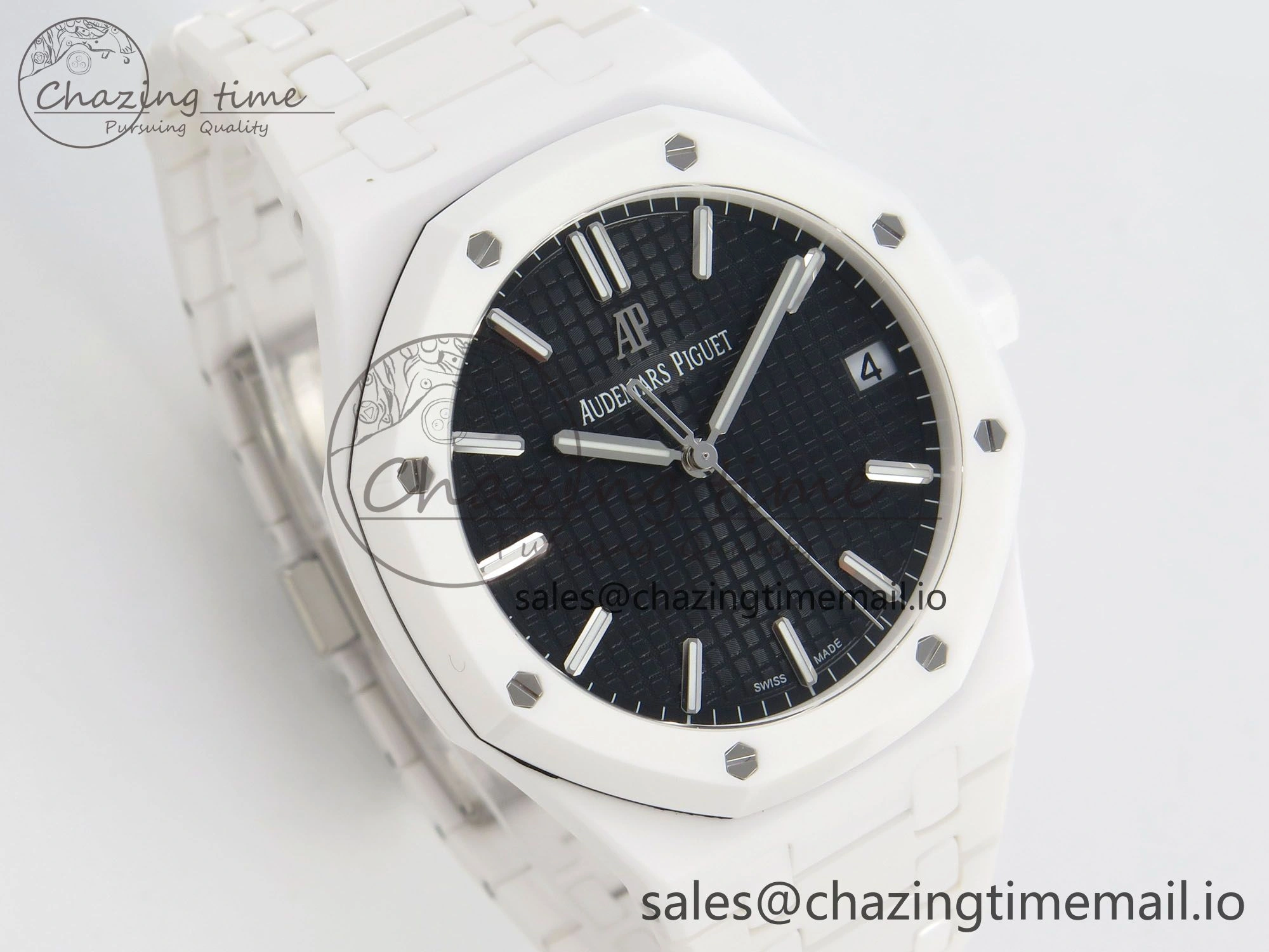 Royal Oak 15500 White Ceramic APSF 1:1 Best Edition Black Dial On White Bracelet SA4302 Super Clone