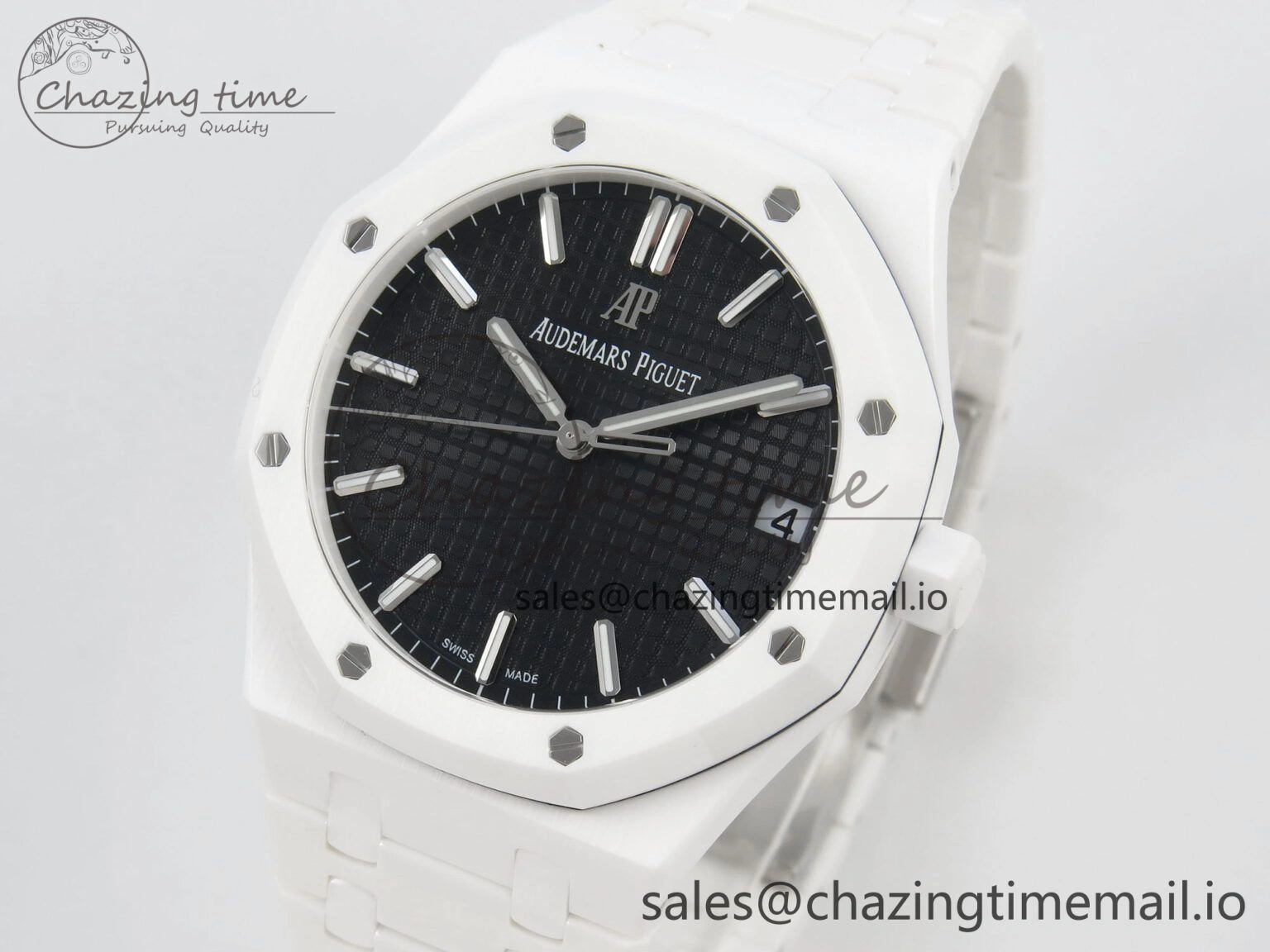 Royal Oak 15500 White Ceramic APSF 1:1 Best Edition Black Dial On White Bracelet SA4302 Super Clone