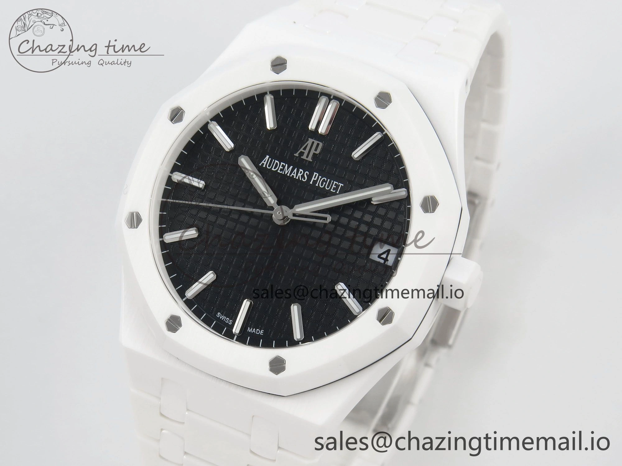 Royal Oak 15500 White Ceramic APSF 1:1 Best Edition Black Dial On White Bracelet SA4302 Super Clone