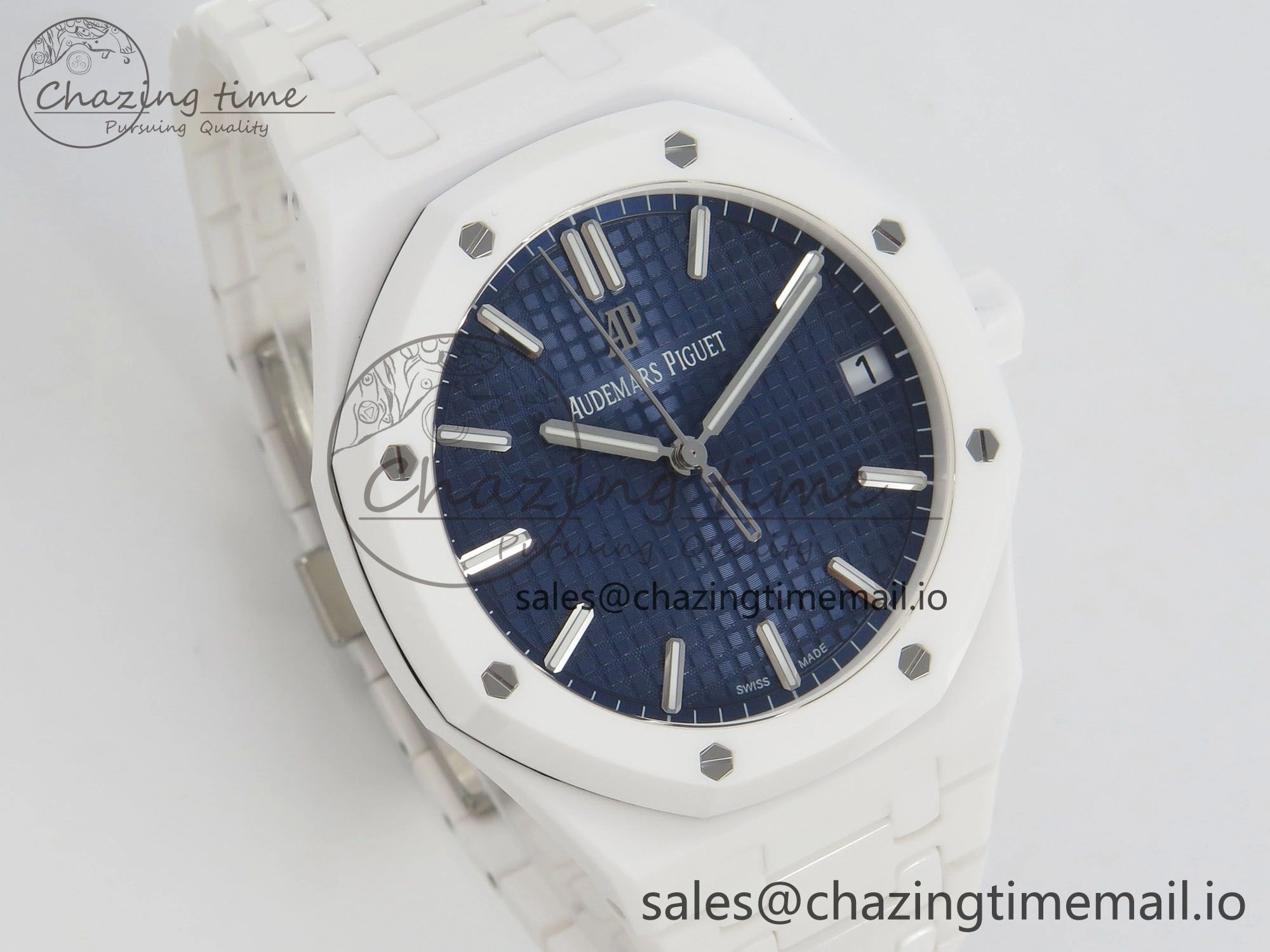 Royal Oak 15500 White Ceramic APSF 1:1 Best Edition Blue Dial On White Bracelet SA4302 Super Clone