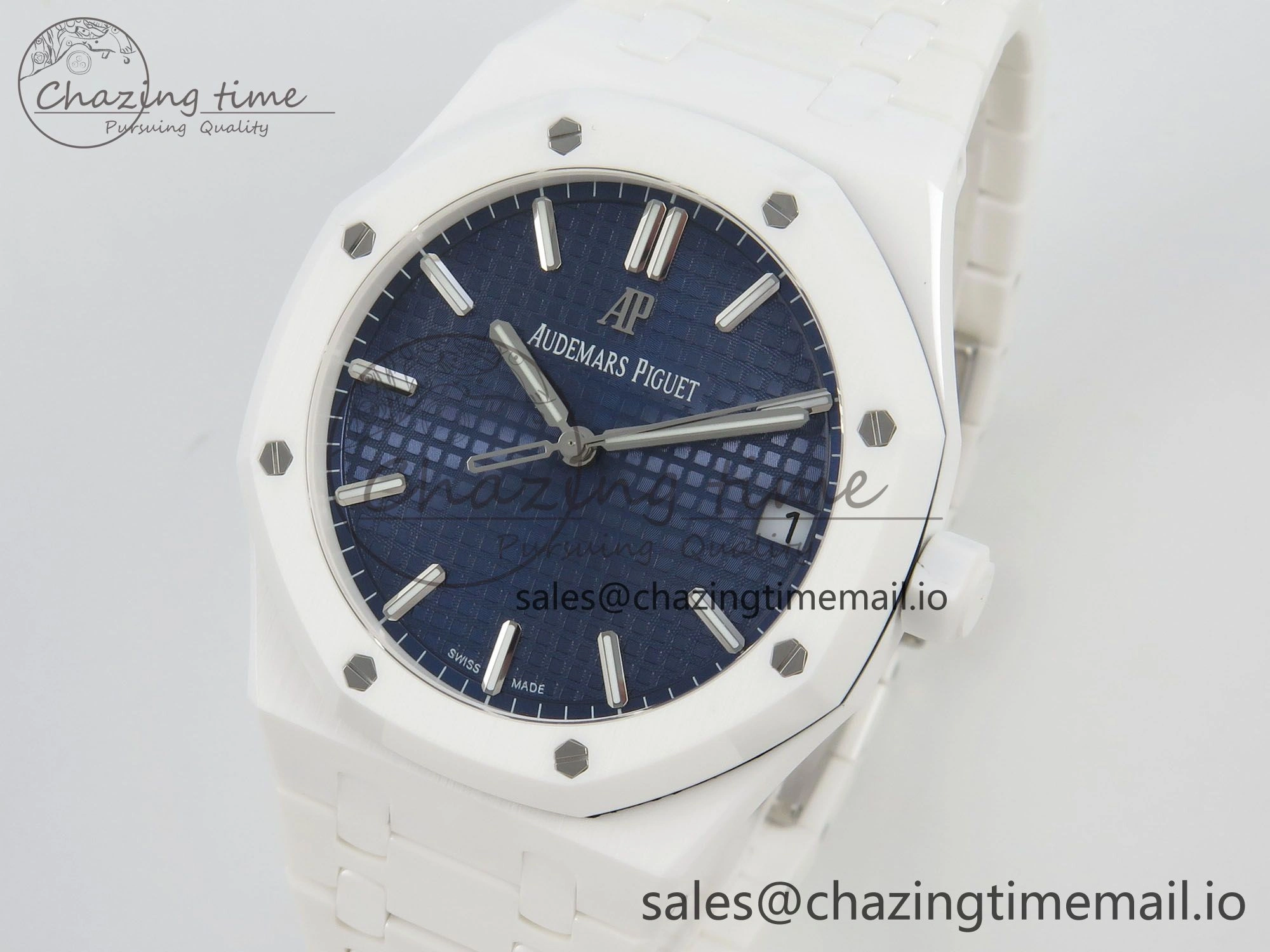 Royal Oak 15500 White Ceramic APSF 1:1 Best Edition Blue Dial On White Bracelet SA4302 Super Clone