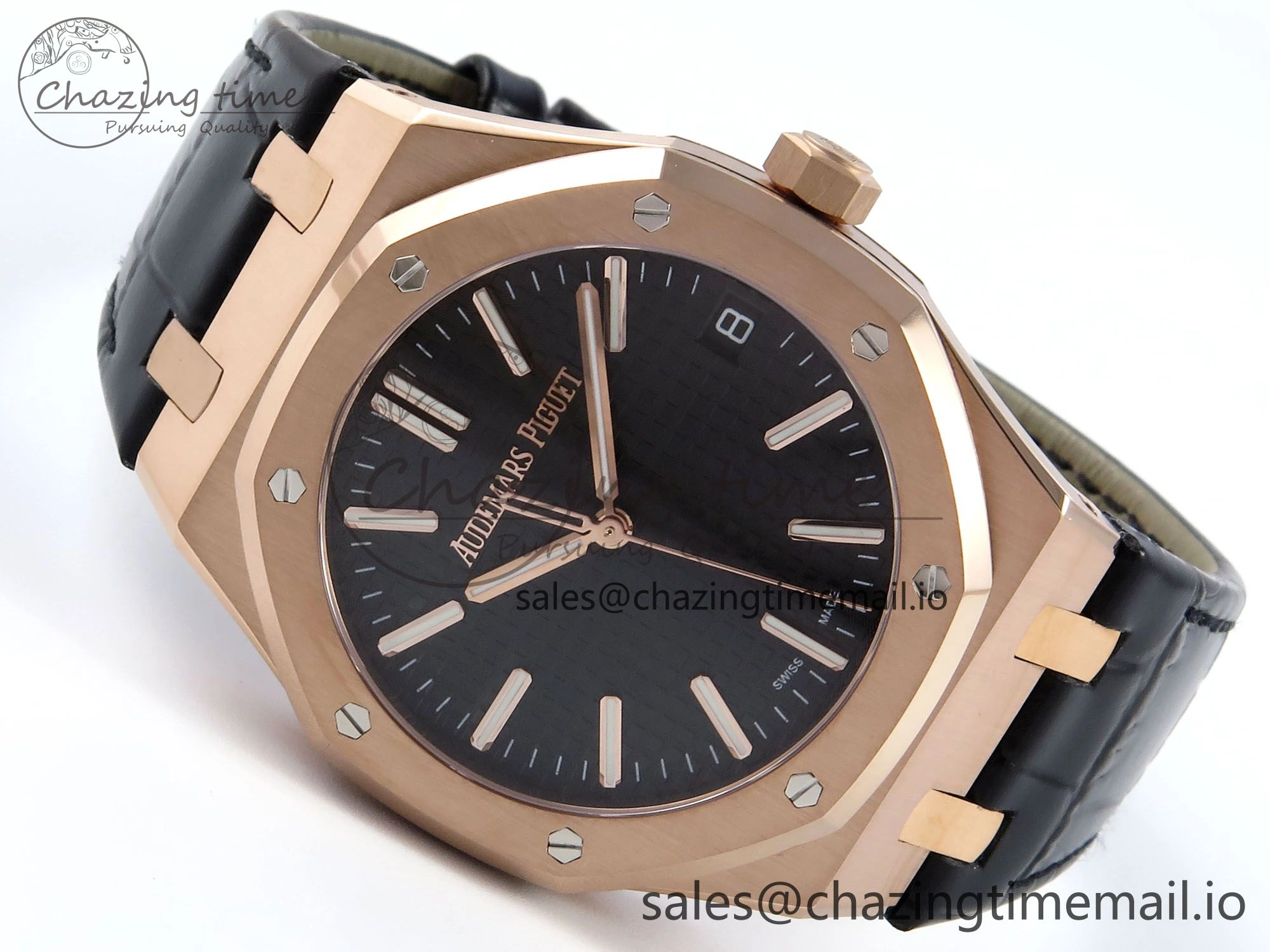 Royal Oak 15510 RG APSF 1:1 Best Edition Black Dial on Black Leather Strap SA4302 Super Clone V2 (SW Dial)