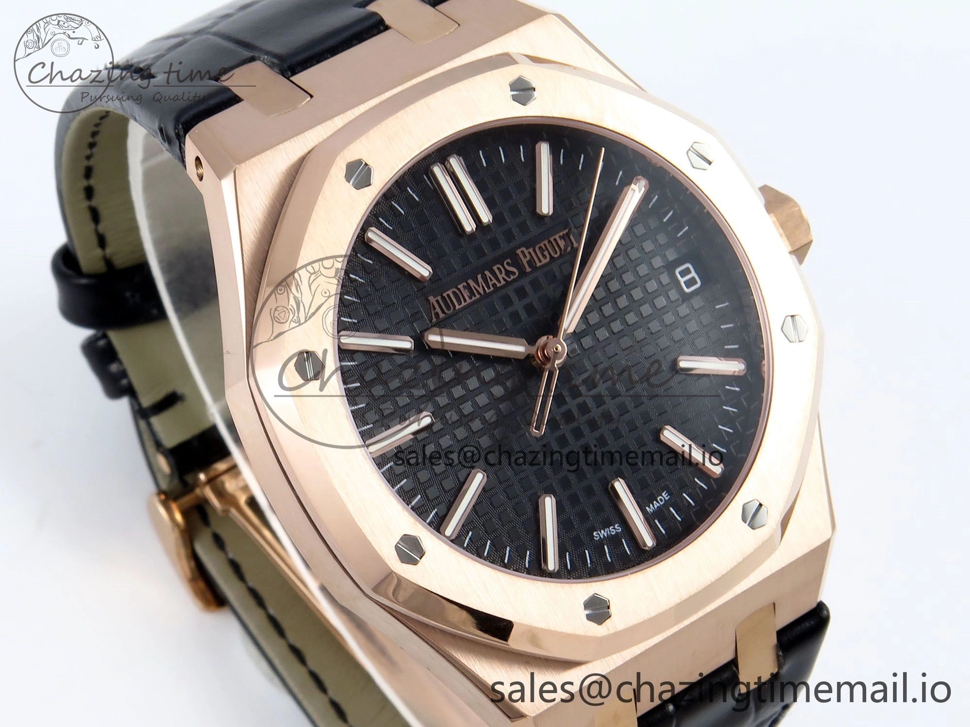 Royal Oak 15510 RG APSF 1:1 Best Edition Black Dial on Black Leather Strap SA4302 Super Clone V2 (SW Dial)