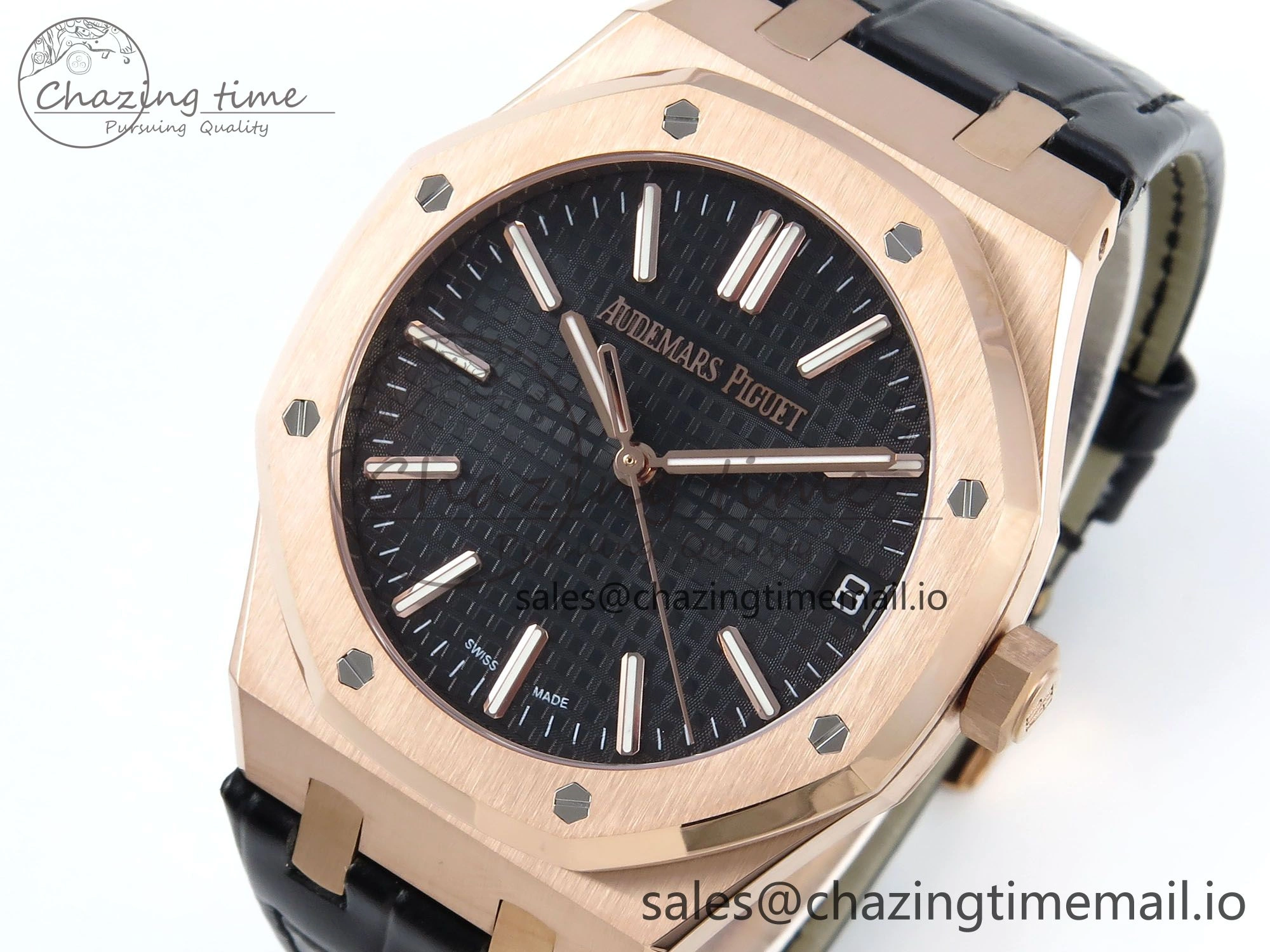 Royal Oak 15510 RG APSF 1:1 Best Edition Black Dial on Black Leather Strap SA4302 Super Clone V2 (SW Dial)