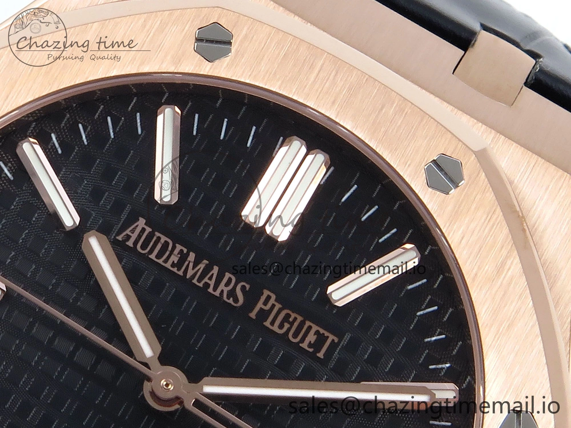 Royal Oak 15510 RG APSF 1:1 Best Edition Black Dial on Black Leather Strap SA4302 Super Clone V2 (SW Dial)