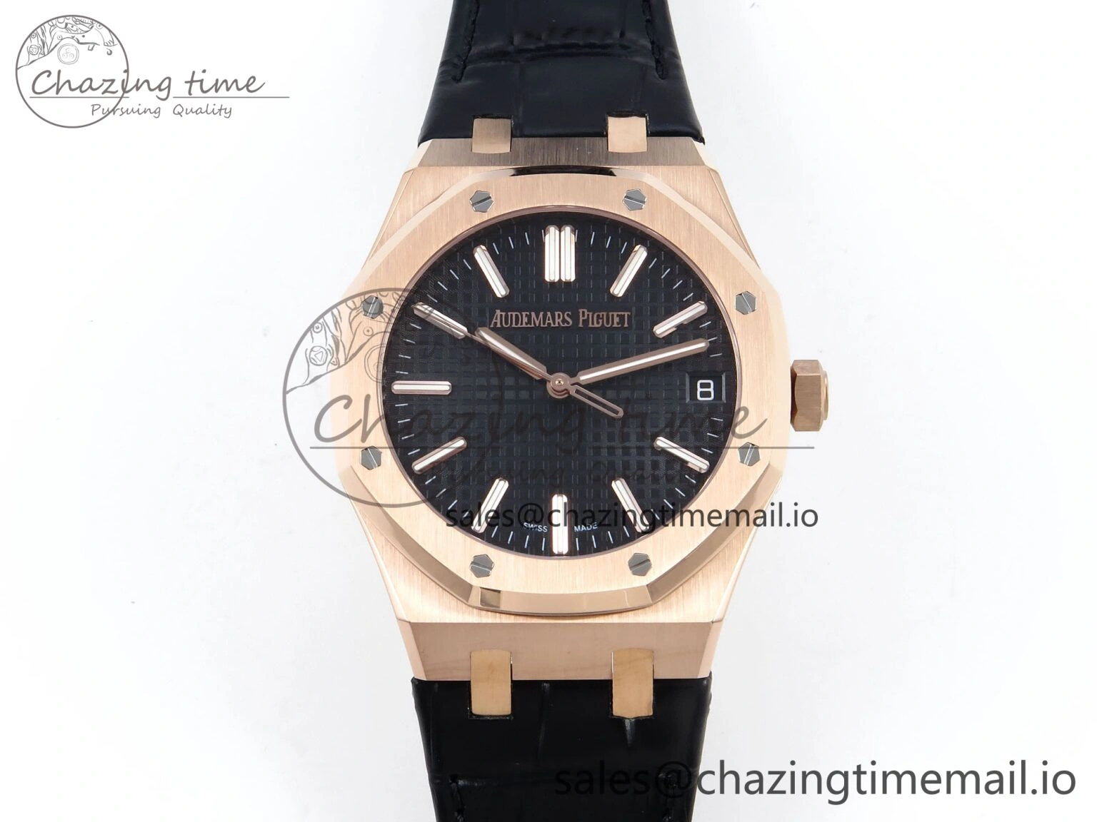 Royal Oak 15510 RG APSF 1:1 Best Edition Black Dial on Black Leather Strap SA4302 Super Clone V2 (SW Dial)