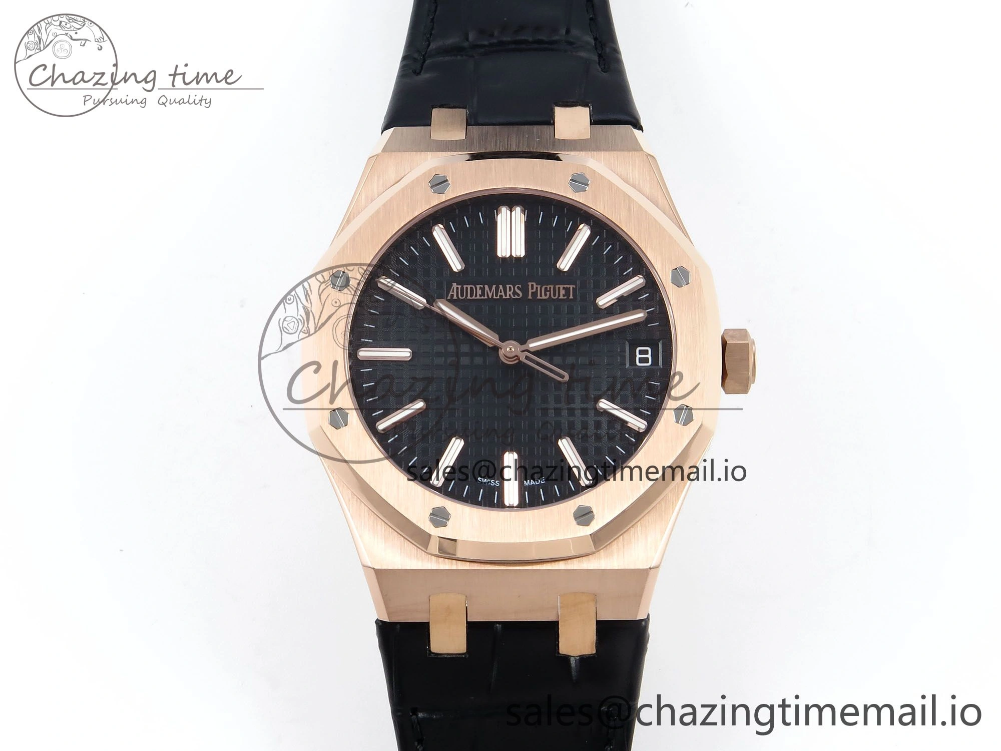 Royal Oak 15510 RG APSF 1:1 Best Edition Black Dial on Black Leather Strap SA4302 Super Clone V2 (SW Dial)