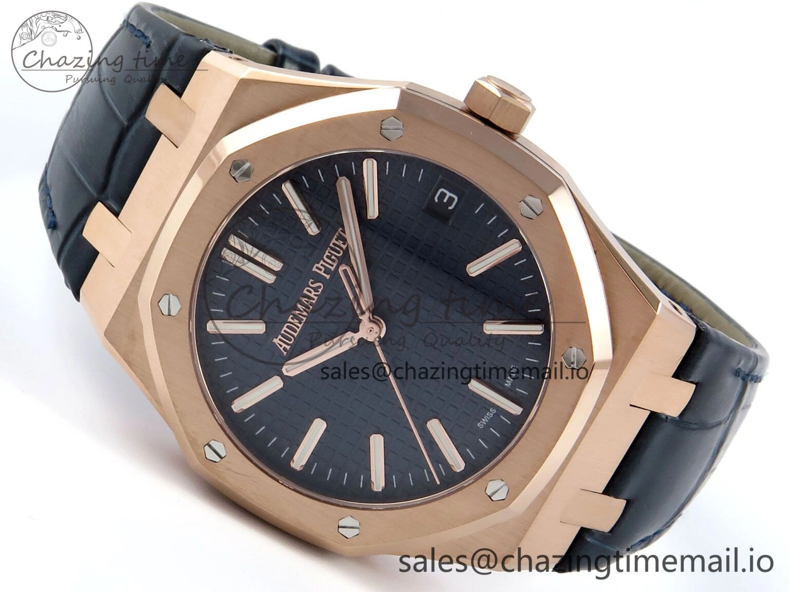 Royal Oak 15510 RG APSF 1:1 Best Edition Blue Dial on Blue Leather Strap SA4302 Super Clone V2 (SW Dial)
