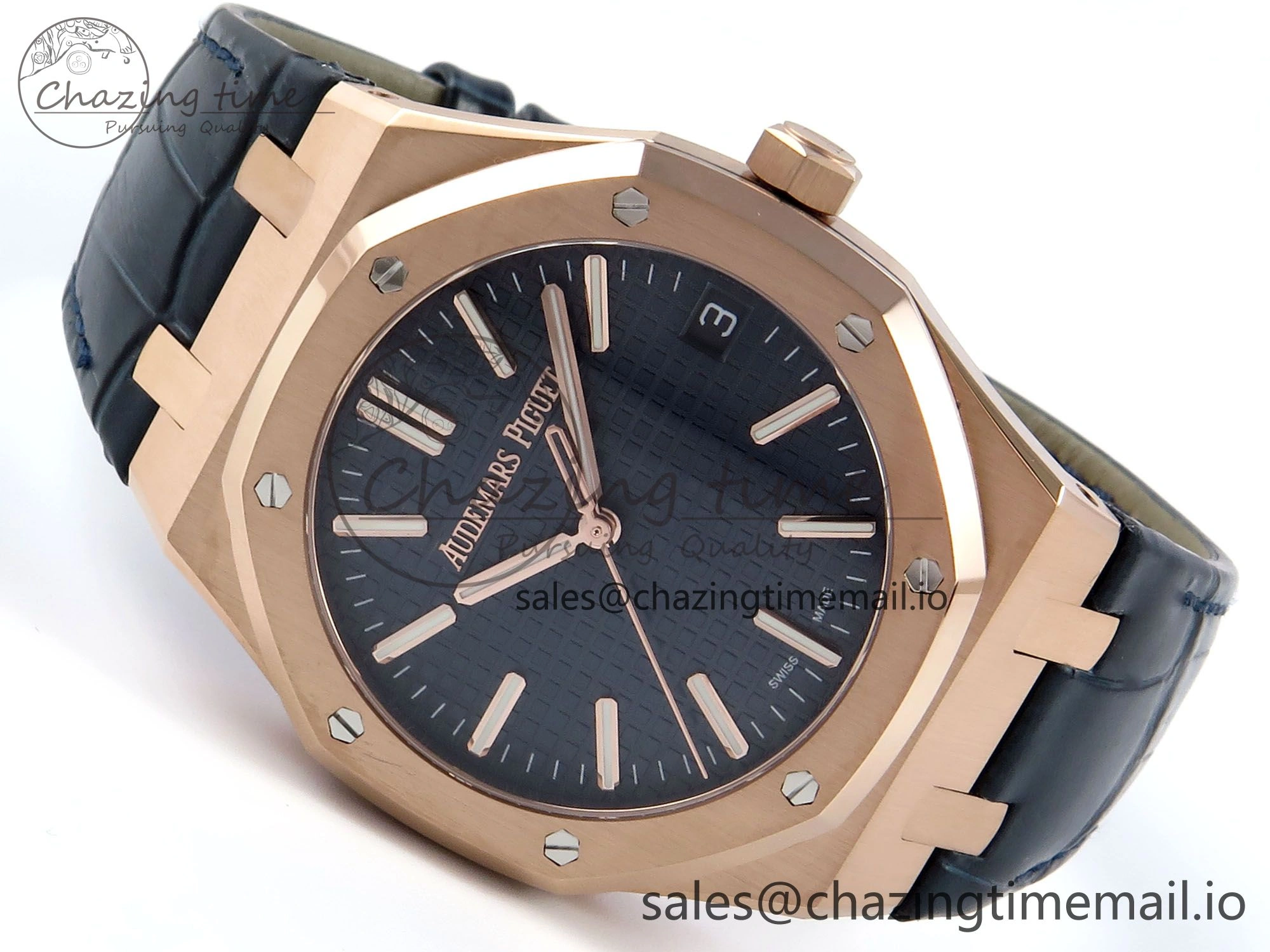 Royal Oak 15510 RG APSF 1:1 Best Edition Blue Dial on Blue Leather Strap SA4302 Super Clone V2 (SW Dial)