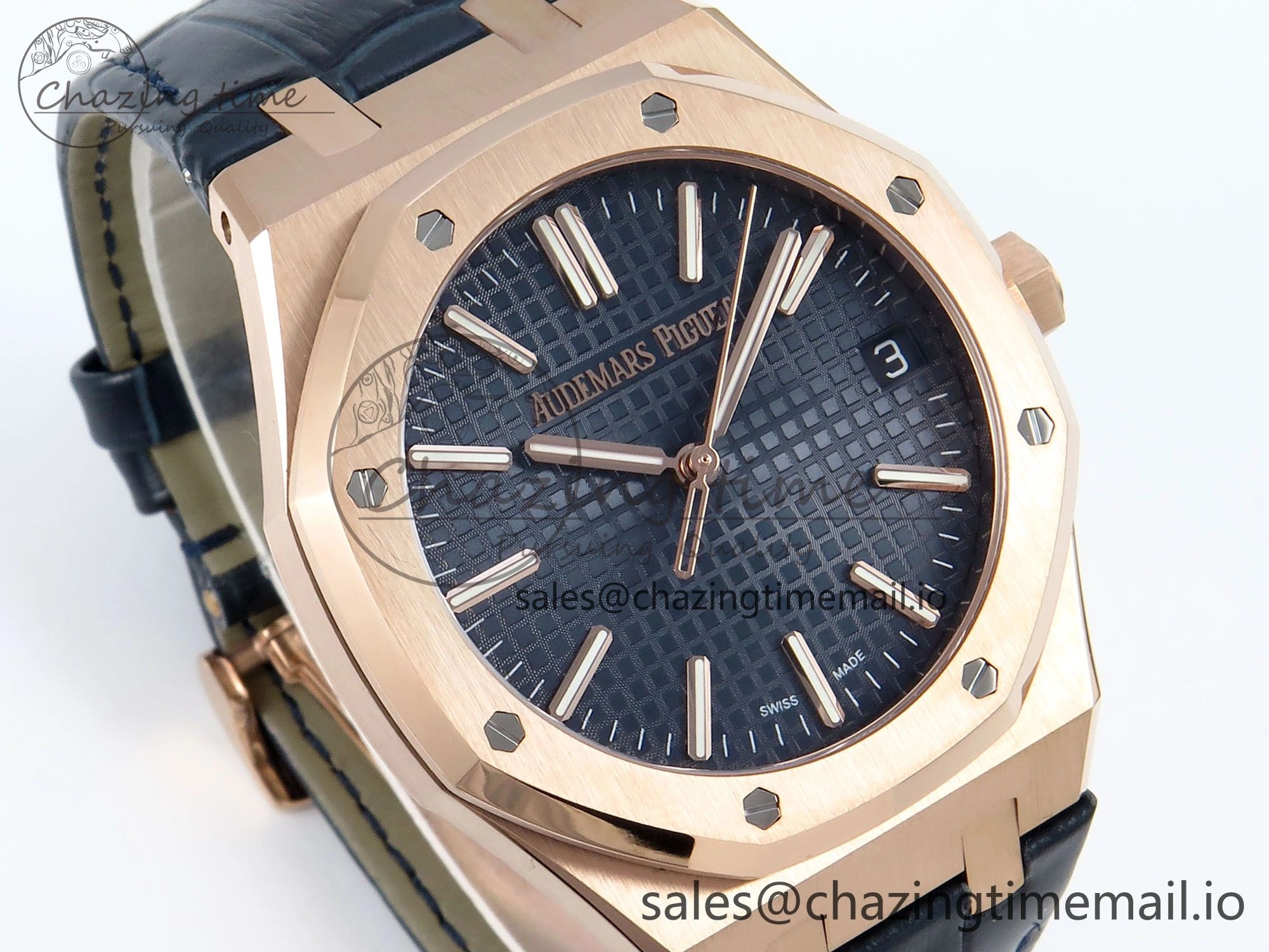 Royal Oak 15510 RG APSF 1:1 Best Edition Blue Dial on Blue Leather Strap SA4302 Super Clone V2 (SW Dial)