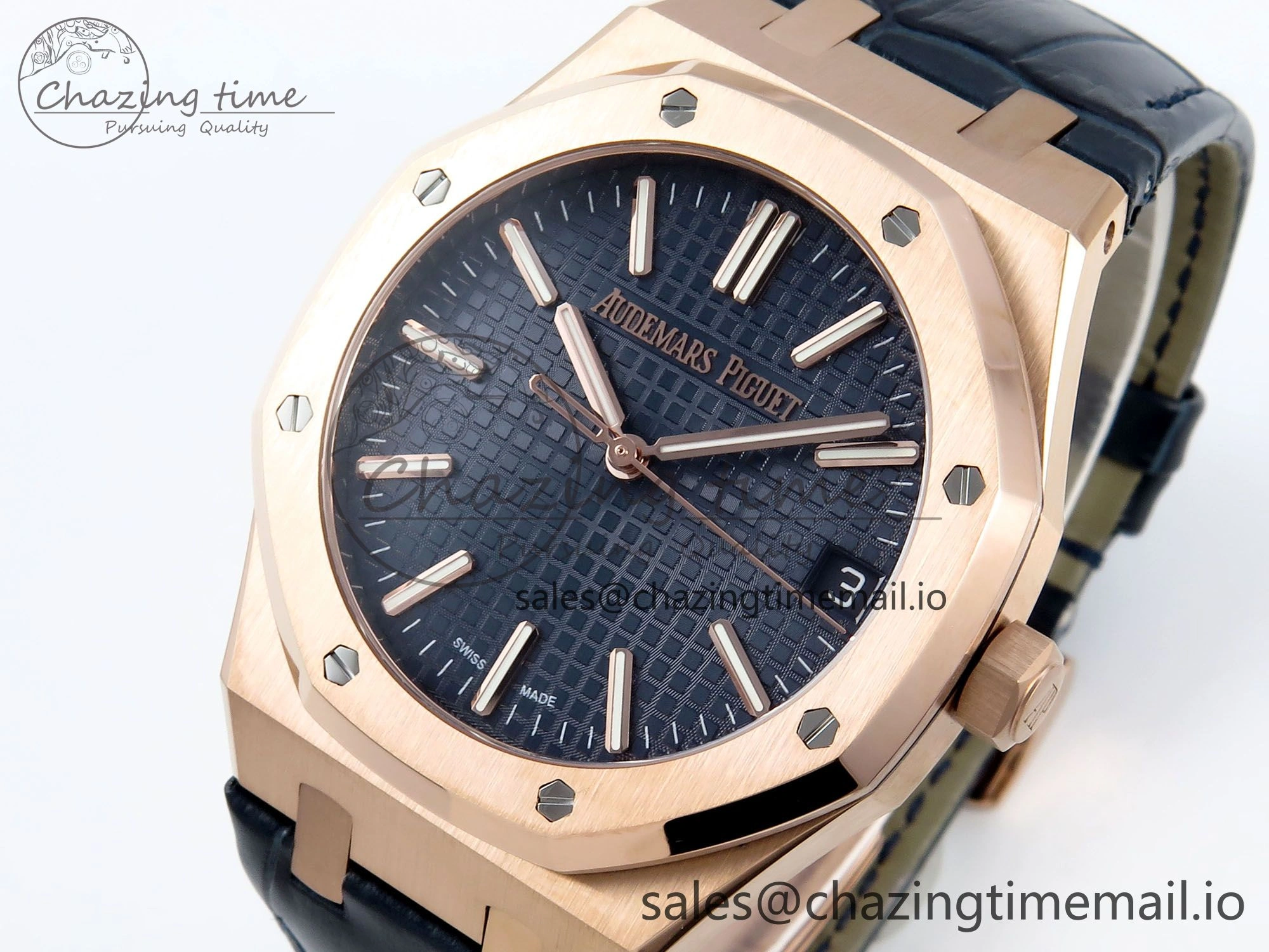 Royal Oak 15510 RG APSF 1:1 Best Edition Blue Dial on Blue Leather Strap SA4302 Super Clone V2 (SW Dial)