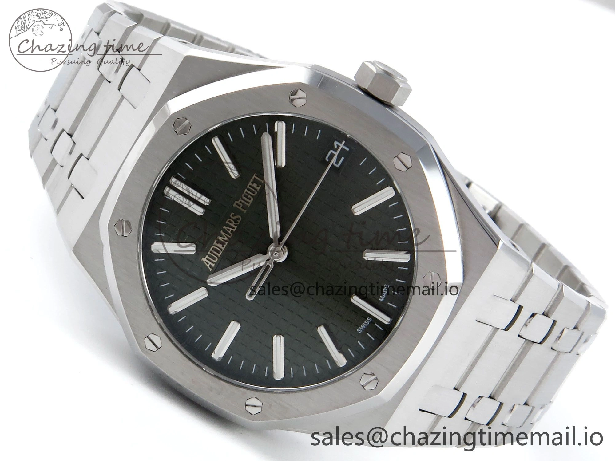 Royal Oak 15510 SS APSF 1:1 Best Edition Green Dial on SS Bracelet SA4302 Super Clone V2 (SW Dial)