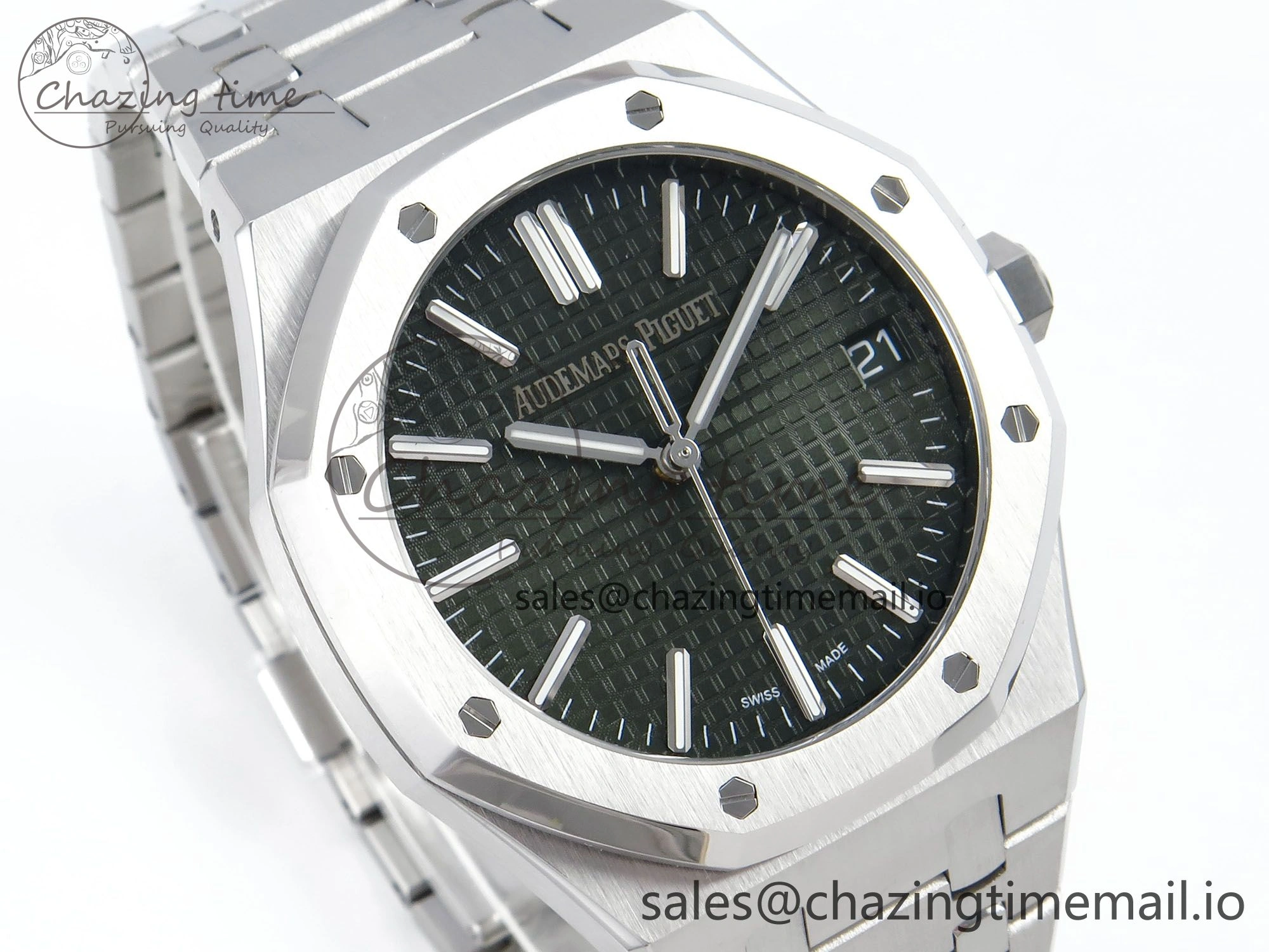 Royal Oak 15510 SS APSF 1:1 Best Edition Green Dial on SS Bracelet SA4302 Super Clone V2 (SW Dial)