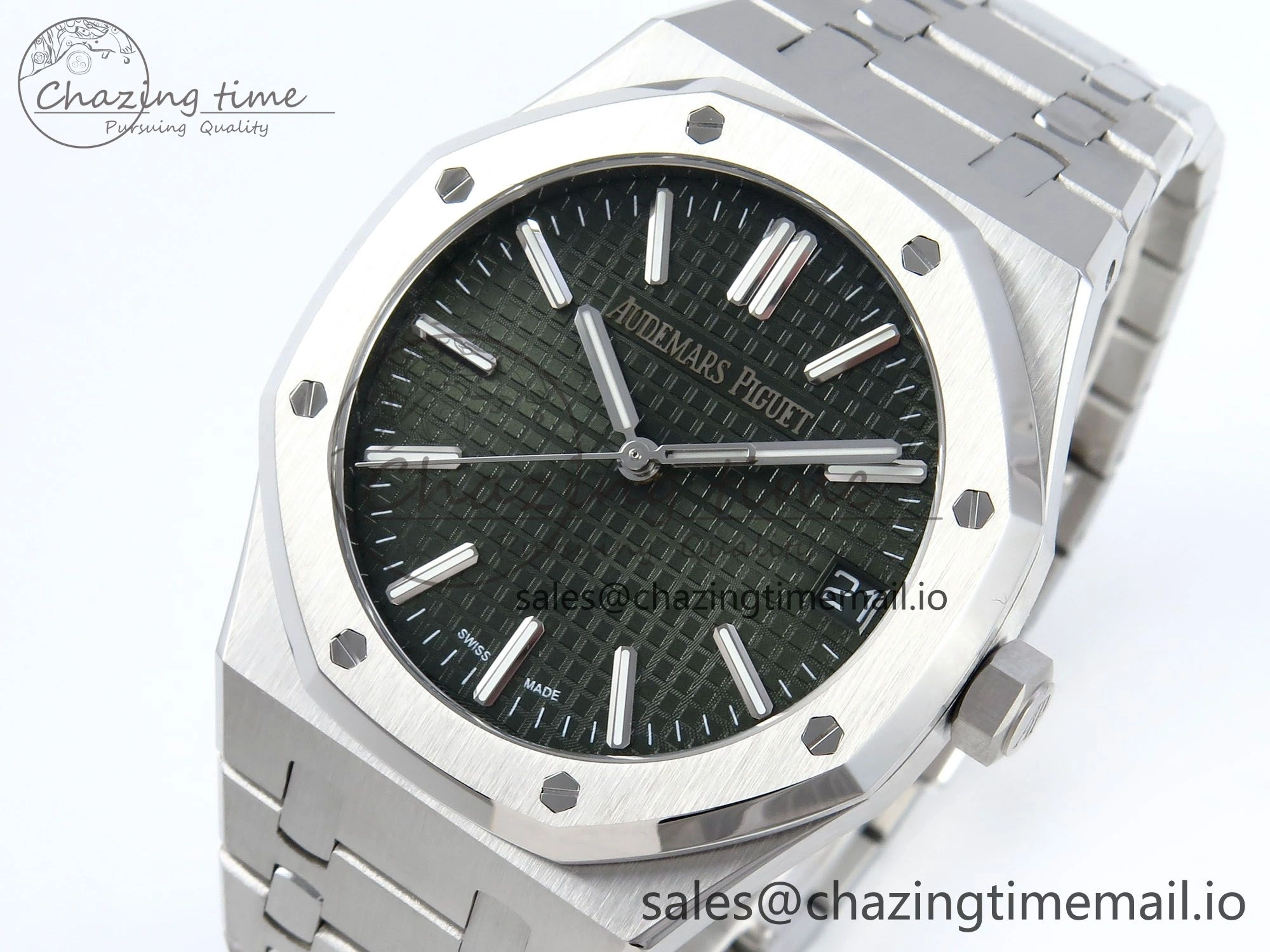 Royal Oak 15510 SS APSF 1:1 Best Edition Green Dial on SS Bracelet SA4302 Super Clone V2 (SW Dial)