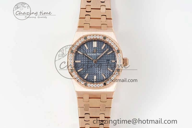 Royal Oak 33mm Ladies RG 8F Best Edition Blue Dial Diamonds Bezel on RG Bracelet Quartz