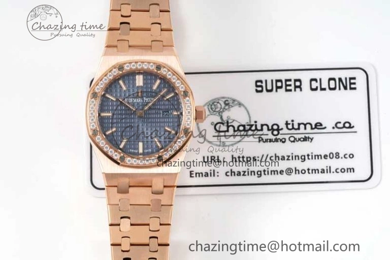 Royal Oak 33mm Ladies RG 8F Best Edition Blue Dial Diamonds Bezel on RG Bracelet Quartz