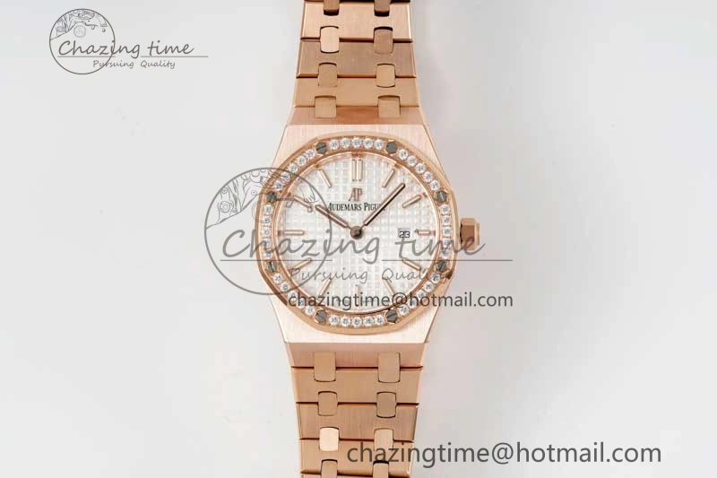 Royal Oak 33mm Ladies RG 8F Best Edition White Dial Diamonds Bezel on RG Bracelet Quartz