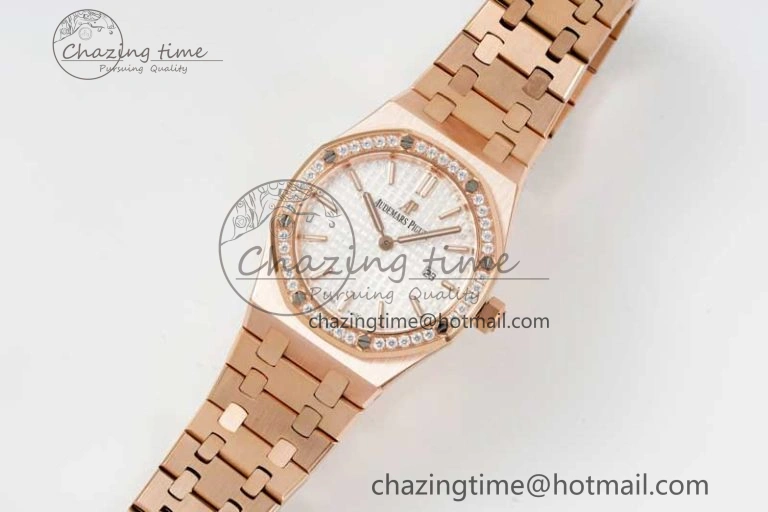 Royal Oak 33mm Ladies RG 8F Best Edition White Dial Diamonds Bezel on RG Bracelet Quartz