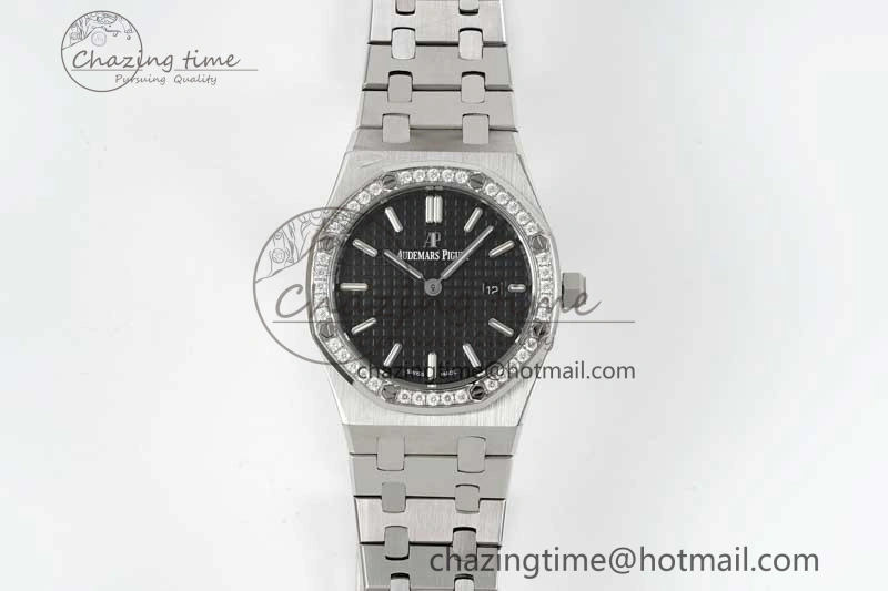 Royal Oak 33mm Ladies SS 8F Best Edition Black Dial Diamonds Bezel on SS Bracelet Quartz