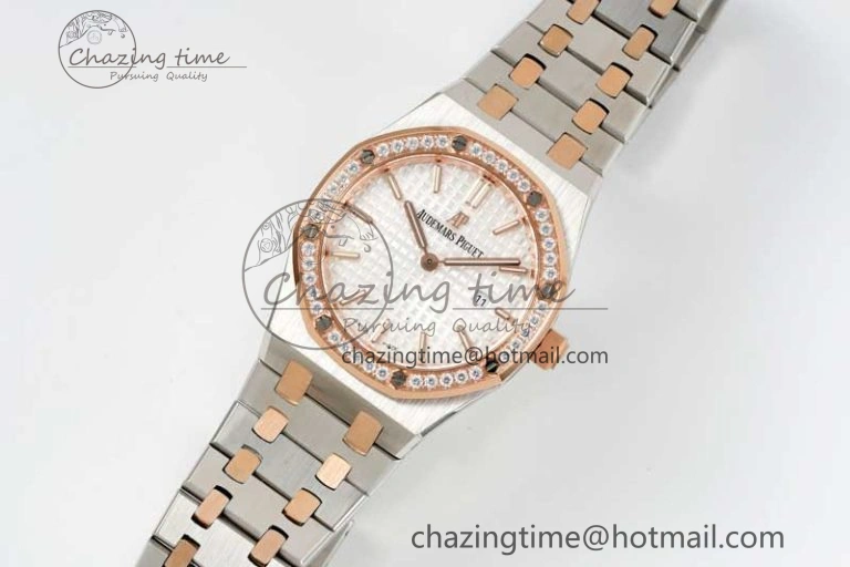 Royal Oak 33mm Ladies SS RG 8F Best Edition White Dial Diamonds Bezel on SS RG Bracelet Quartz