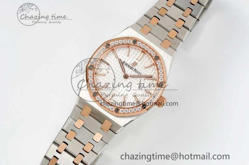 Royal Oak 33mm Ladies SS RG 8F Best Edition White Dial Diamonds Bezel on SS RG Bracelet Quartz