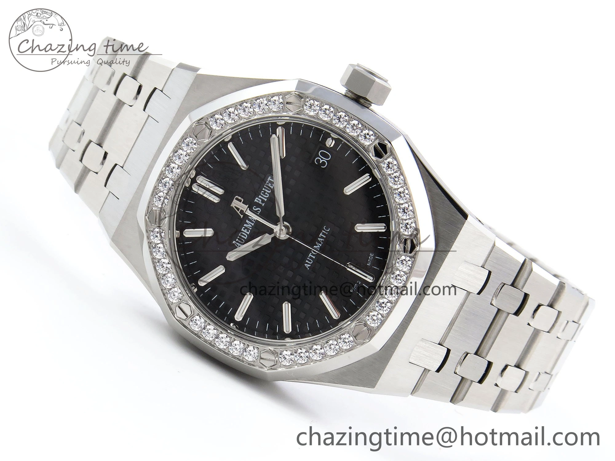 Royal Oak 37mm 15450 Diamond SS APSF 1:1 Best Edition Black Textured Dial on SS Bracelet SA3120 Super Clone