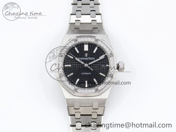 Royal Oak 37mm 15450 Diamond SS APSF 1:1 Best Edition Black Textured Dial on SS Bracelet SA3120 Super Clone