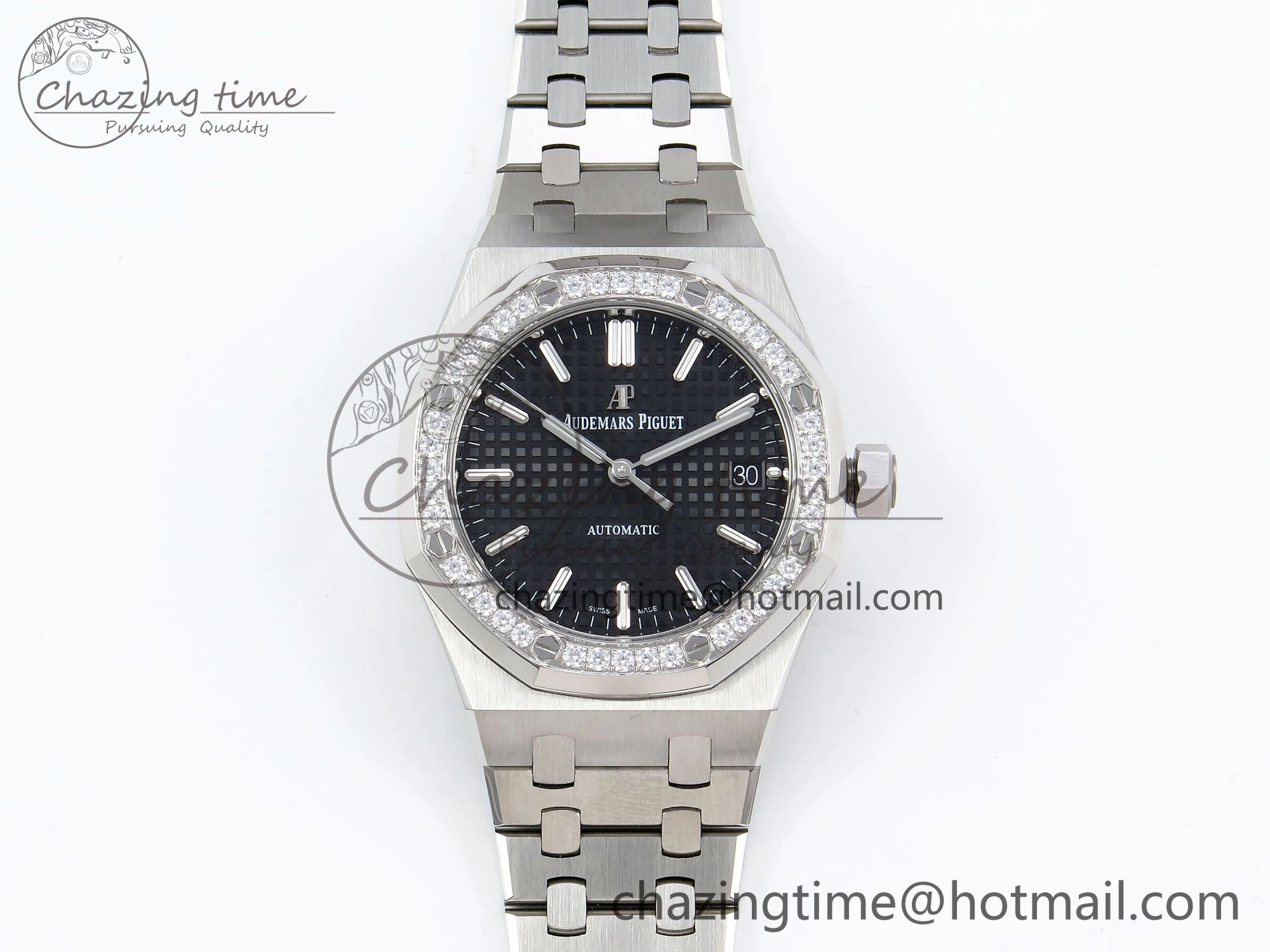 Royal Oak 37mm 15450 Diamond SS APSF 1:1 Best Edition Black Textured Dial on SS Bracelet SA3120 Super Clone