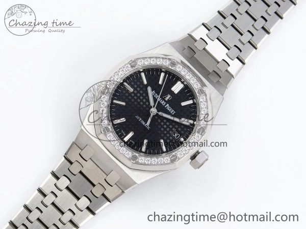 Royal Oak 37mm 15450 Diamond SS APSF 1:1 Best Edition Black Textured Dial on SS Bracelet SA3120 Super Clone