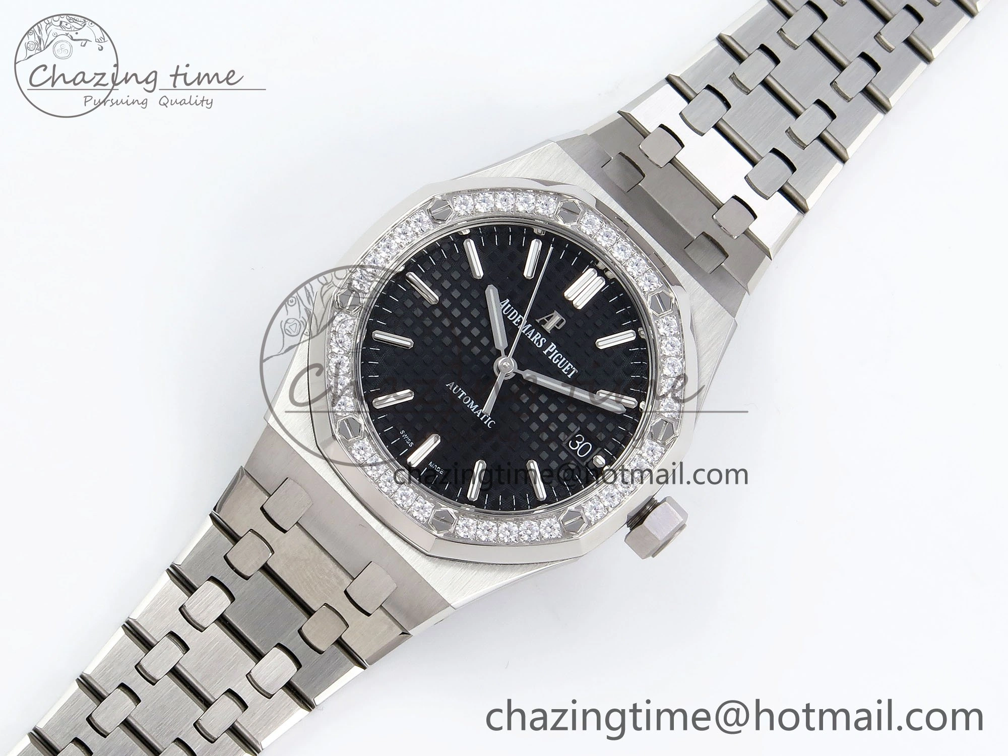 Royal Oak 37mm 15450 Diamond SS APSF 1:1 Best Edition Black Textured Dial on SS Bracelet SA3120 Super Clone